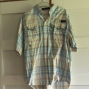 Columbia Men's Plaid Button Down Shirt - Light Blue and Cream